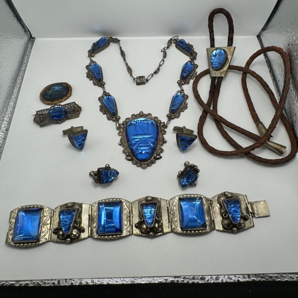 RARE (Entire Full Set) 1960s Taxco Sterling Silver and Blue Glass Jewelry Marked - Picture 1 of 15